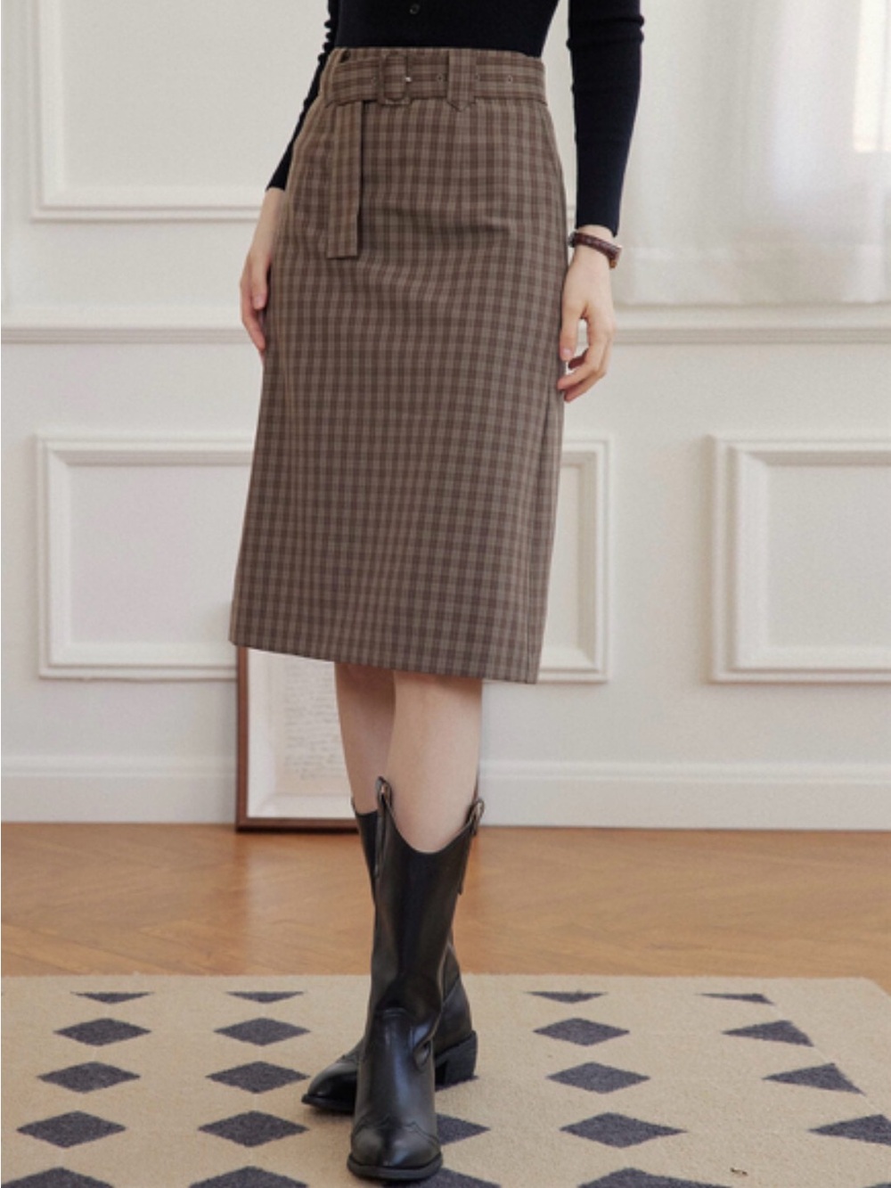 Simple Retro Cataleya French Knee Length Plaid Skirt